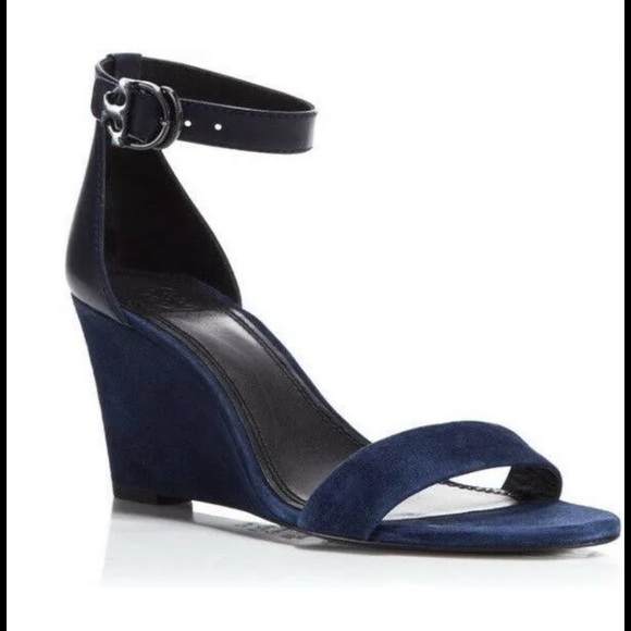 Tory Burch Shoes - Imported Tory Burch Thames Suede Wedge Sandal Bright Navy 6. Signature medallion